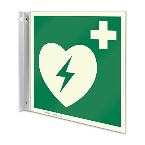 Defibrillator Fahnenschild - Aluverbundplatte, langnachleuchtend - 20,0 x 21,50 cm - Zur Wandbefestigung - Betriebsausstattung24®
