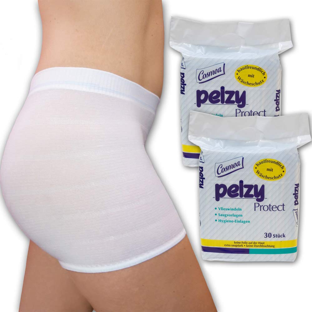 Premium-Pack: Cosmea Pelzy Protect 2x30Stk. große Wochenbett Binden PLUS 4Stk. Wöchnerinnen Panties (mit Bein), wählbare Größen. Ideale Vlies-/Saug-Vorlagen Kombi nach der Geburt (L)