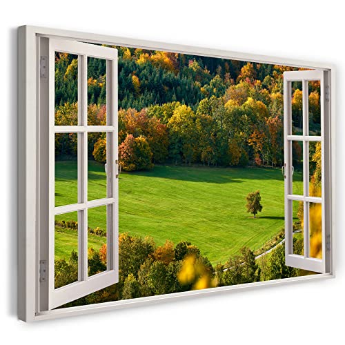 Printistico Leinwandbild (100x70cm) Fensterblick - Feld Wald Bäume Gras Landschaft - Natur-Fotografie, echter Holz-Keilrahmen inkl. Aufhänger, handgefertigt in Deutschland