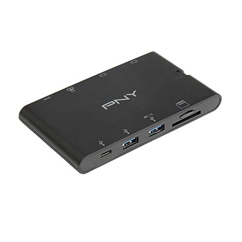 PNY 9 in 1 Mini Portabler mit integriertem USB-C-Kabel mit 2xUSB-C-Anschlüssen, 2xUSB-A 3.1-Anschlüssen, 1xHDMI-Anschluss, 1xVGA-Anschluss, 1xRJ45-Anschluss, 1x SD und microSD-Anschlüssen
