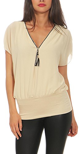 Malito Damen Kurzarm Bluse im Fledermaus Look | Tunika mit Zipper | T-Shirt mit breitem Bund | Shirt - elegant 6298 (beige)