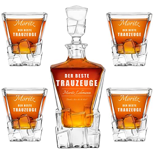Maverton 950 ml Whiskey Karaffe + 4er Whiskygläser Set mit Gravur - Whisky Dekanter - luxuriöses Design - Kristallglas - für Männer - zum Geburtstag - Trauzeuge