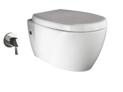 Aqua Bagno - Hänge-Dusch-WC ohne Rand - mit integrierter Bidet/Taharet-Funktion - manuelle Bedienung - Softclose WC-Sitz - modernes Design, spülrandlos, 510x363 mm