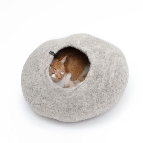 Premium Filzhöhle für Katzen von LucyBalu® I Filz Katzenhöhle aus 100% Wolle I 45x45x28 cm – Handgefertigt in Nepal I Natürliches Katzenbett I Hellgrau