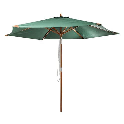 Sonnenschirm Marktschim 300 cm aus Holz mit UV 50+ und Ledertaschen an den Enden 3m mit 6 Rippen (Grün)