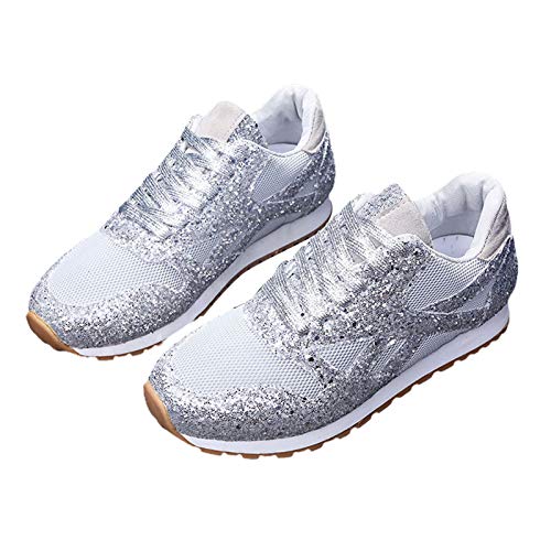 Clenp Frauen Sneakers, Frauen Casual Atmungsaktive Pailletten Strass Shiny Platform Sneakers Wanderschuhe Grey 40