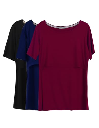 Smallshow Stillshirt Umstandstop T-Shirt Überlagertes Design Umstandsshirt Schwangerschaft Kleidung Mutterschafts Kurzarm Shirt,Black/Navy/Wine,2XL