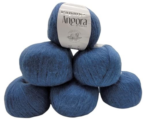 6 x 100 g Strickgarn Papatya Angora einfarbig mit 20% Merino Wolle, 600 Gramm Strickwolle uni (blau 5680)