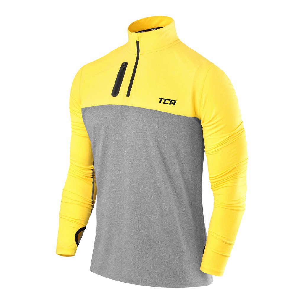 TCA Herren Fusion Pro Quickdry Langarm Lauf Shirt mit Halbem Reißverschluss - Dunkelgrau/Gelb, XL
