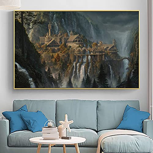 Mittelerde Bruchtal Landschaft Filmposter und Drucke Gemälde auf Leinwand Wandkunst Ein Ringbild für Raumdekoration 80 x 127 cm (31 x 50 Zoll) rahmenlos