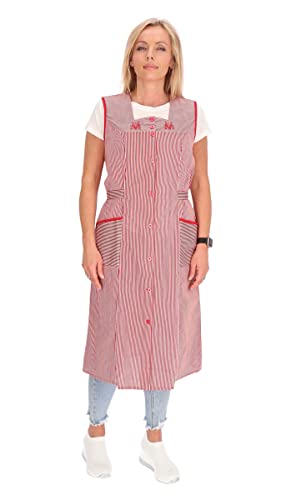 Knopfkittel Baumwolle gestreift Kochschürze Hauskleid Kittel Schürze Gürtel, Farbe:rot, Größe:48