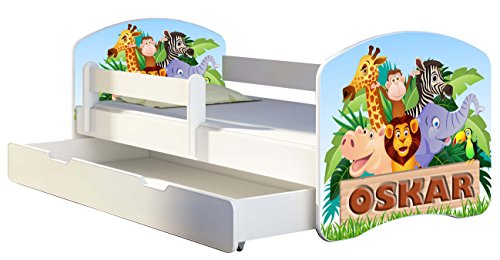 Kinderbett Jugendbett mit einer Schublade und Matratze Weiß ACMA II 140 160 180 40 Design (160x80 cm + Bettkasten, 02 Animals Name)