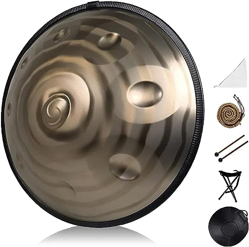 Handtrommel Aus Stahl Handpan Steel Drum 22-Zoll-440-Hz-Tuning-Handtrommel-Stahl-Schlaginstrumentenset mit Tragetasche, Schlägelhalterung und 10 Noten
