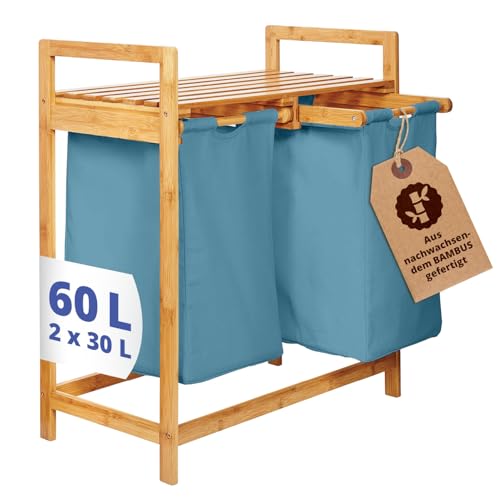 Lumaland Wäschekorb aus Bambus, mit 2 ausziehbaren Wäschesäcken, ca. 73 x 64 x 33 cm Blau