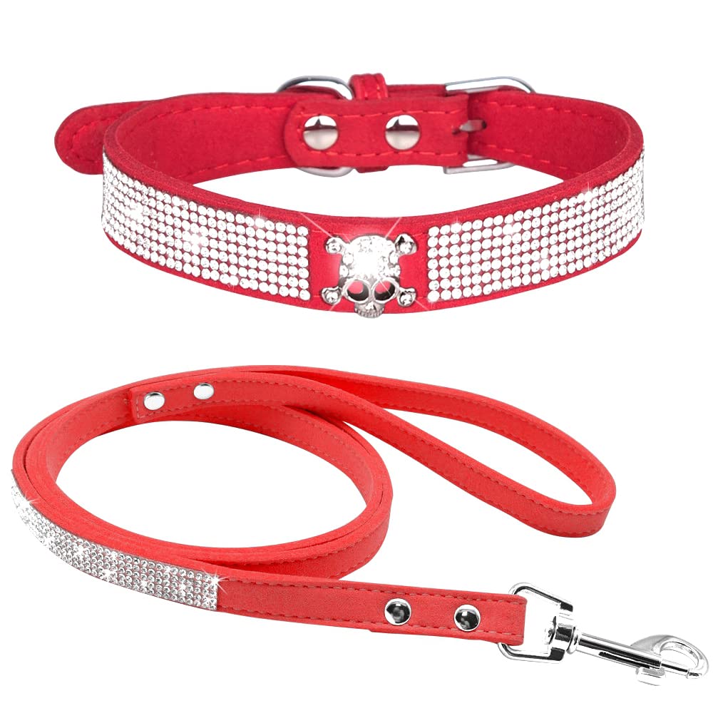 Strass-Hundehalsband, niedliches schillernd, funkelndes, weiches Samt-Leder-Hundehalsband und Leine-Set für kleine Haustiere, Hunde, Katzen, Welpenhalsband (S:27-33 cm, Rot-5)