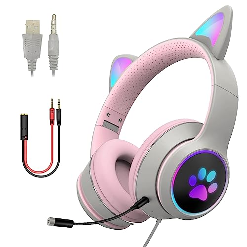 LED-Katzenohr-Kopfhörer, Gaming-Headset für Erwachsene und Jugendliche, verstellbares, gepolstertes Kopfband, abnehmbares Mikrofon, Geräuschunterdrückung und RGB-Licht (Weiß, USB + 3,5 mm Klinke)
