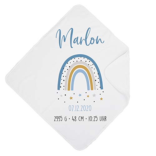 Striefchen® Kapuzenhandtuch Baby mit Namen als Babygeschenk Motiv Regenbogen Blau