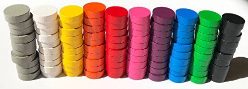 Spieltz 52351 Bunte Spielsteine: Scheiben aus Holz für Brettspiele, verwendbar z.B. als Dame-Steine, Zählsteine, Marker oder stapelbare Spielfiguren. Größe 21/7 mm, 10 Farben, 100 Stück (10x10)
