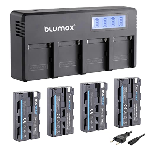 Blumax 4X Akku NP-F550 / NP-F570-3500mAh LG Zellen + LCD 4-Kanal Schnell-Ladegerät | kompatibel mit Sony NP-F530 NP-F960 für Blitzgeräte Videoleuchten Fieldmonitore