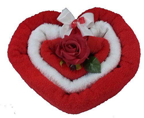 Frotteebox Geschenk-Set Herz aus 1x Handtuch rot (100x50cm), 1x Gästetuch weiß (50x30cm) und 1x Seifentuch rot (30x30cm) in Handarbeit geformt