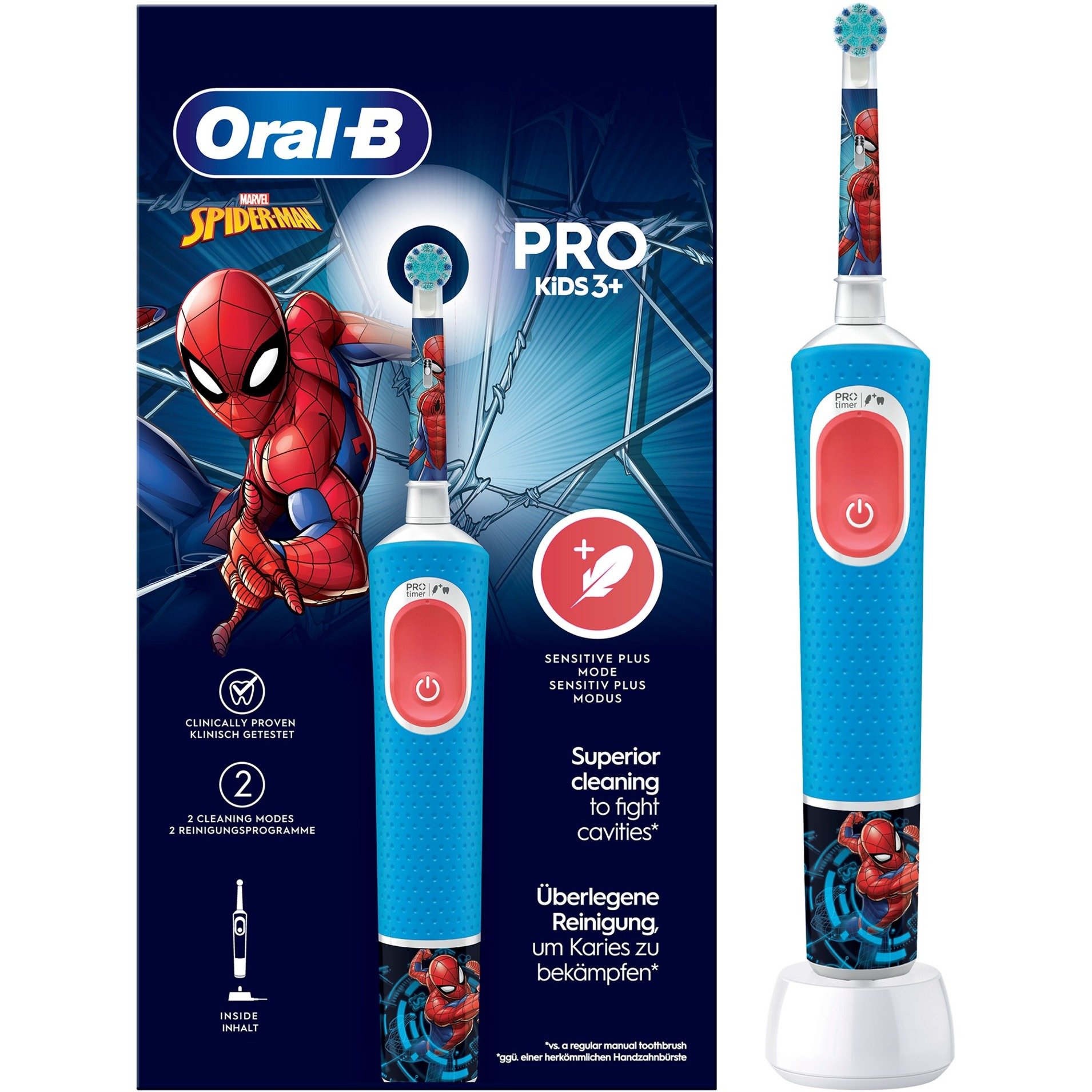 Oral-B Kids Pro 103 Spiderman Elektrische Zahnbürste/Electric Toothbrush für Kinder ab 3 Jahren, 2 Putzmodi für Zahnpflege, extra weiche Borsten, 4 Sticker, blau (Design kann variieren)