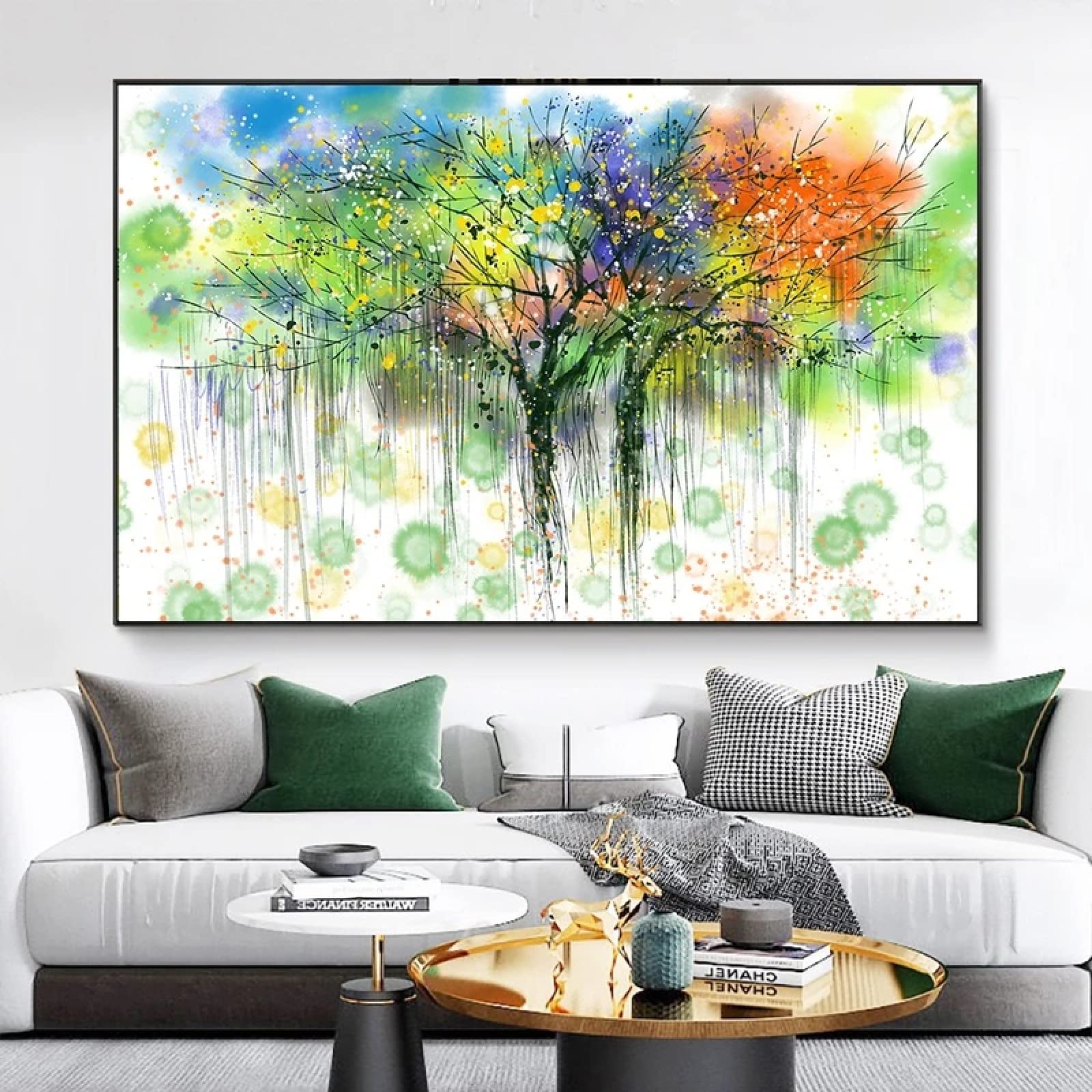 Bunte abstrakte Baumbilder Landschaftsbild für Wohnzimmer Wandkunst Posterdruck auf Leinwand Moderne Heimdekoration 80x123cm mit Rahmen