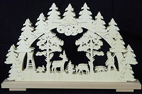 Rudolphs Schatzkiste Schwibbogen mit Jäger Waldtiere und Beleuchtung BxHxT 50x32x7cm NEU Lichterbogen Fensterbogen Spitzbogen Erzgebirge Seiffen Weihnachten Licht Holz Dekoration Beleuchtung Fensterschmuck Bogen