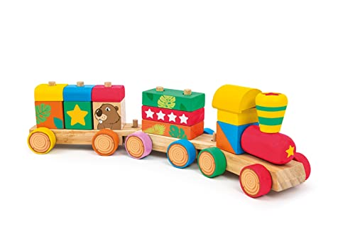 SEVI 88050 Wood Eco Smart Holz Stapelspiel Eisenbahn, 18-teiliges Bauset, Nachhaltiges Motorik-Spielzeug zum Farben und Formen Lernen, Lernspielzeug für Kinder ab 18 Monate, ca. 34 x 7 x 11 cm, Bunt