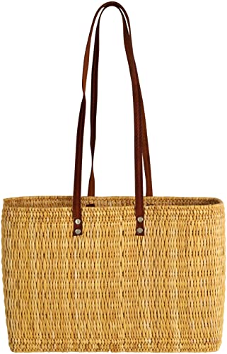 Kobolo® Einkaufstasche Schultertasche Strandtasche Flechttasche aus natürlichem Seegras mit Echt-Leder-Henkeln in der Größe 45x19x31 cm