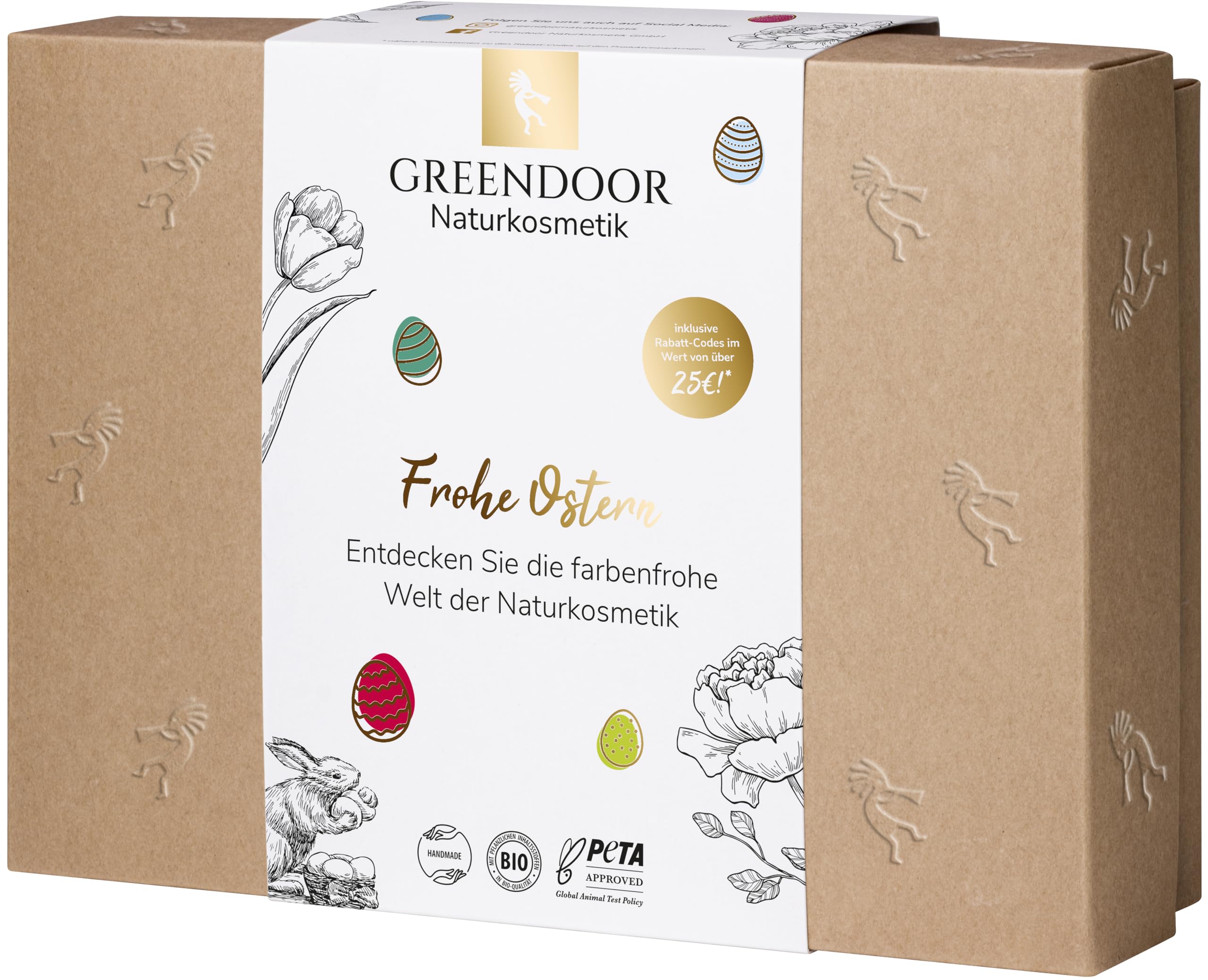 GREENDOOR Geschenkset Ostern, 24 Stück GREENDOOR Naturkosmetik Produkte im Wert von ca 110 Euro in kleinen Packungsgrößen, Rabatt Codes auf den Faltschachteln