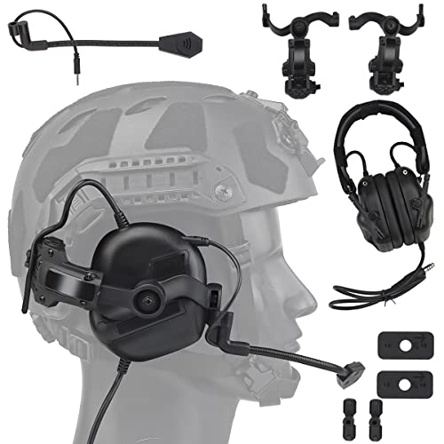 WLXW Taktisches Headset Für Airsoft (Am Kopf Und Am Helm Montiert), Wargame Hunting Outdoor Non-Military Tactical Earmuff (No Noise Reduction), Mit Helm-ARC-Schienen-Adapterarm,Schwarz