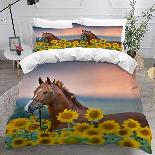 iYoucase 3D Sonnenblume Bettwäsche 135x200 cm 4teilig 100% Mikrofaser Pferd Bettbezug mit Reißverschluss Kinderbettwäsche Jungen Mädchen Sommer Weiche Wärme Betten Set mit 2 Kissenbezüge 80x80