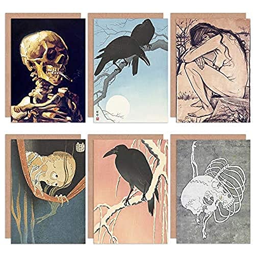 Hokusai Koson Van Gogh Japanese Crow Skull Mixed Fine Art Greeting Card Pack of 6 japanisch Schädel