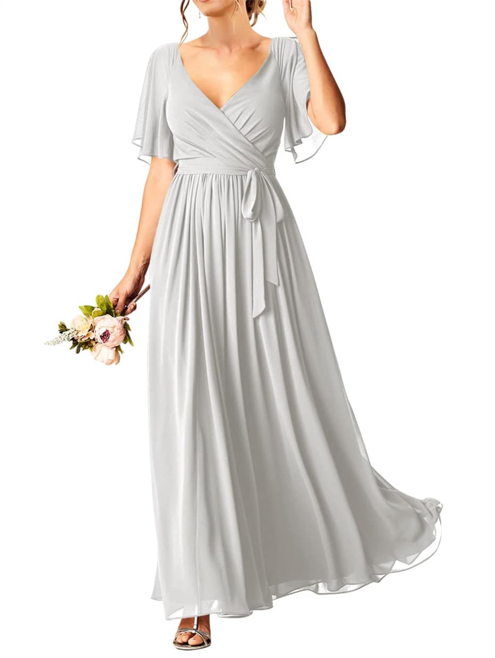 HPPEE Kurzärmeliges Hochzeitskleid für Damen, Junioren, Chiffon, lang, Maxi-V-Ausschnitt, Abendkleider mit Taschen, elfenbeinfarben, 48