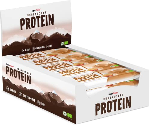 AlpenPower Bio Veganer Proteinriegel Peanut Style 16 x 45 g - 100% natürlicher Bio-Proteinriegel ohne künstl. Zusatzstoffe - Vegan, glutenfrei, laktosefrei - Box mit 16 Riegeln