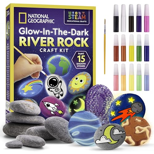 National Geographic Glow in the Dark Rock Painting Kit - Arts & Crafts Kit for Kids, Decorate 15 River Rocks with 15 Paint Colors & More Art Supplies, Kids Craft Kids Art Kit, Kids Activity Kit