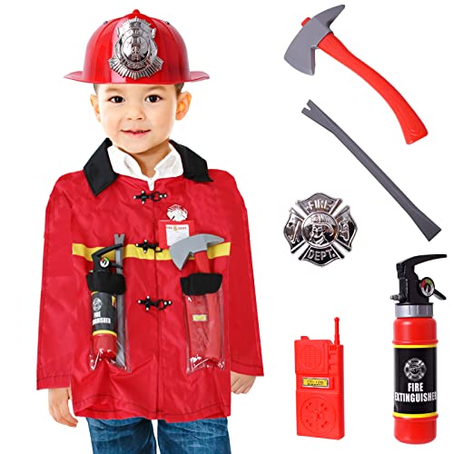 TE-Trend Feuerwehr Kinder Kostüm Feuerwehrmann Verkleidung Set 8-teilig Kleinkind Jacke Helm Fasching Karneval Party