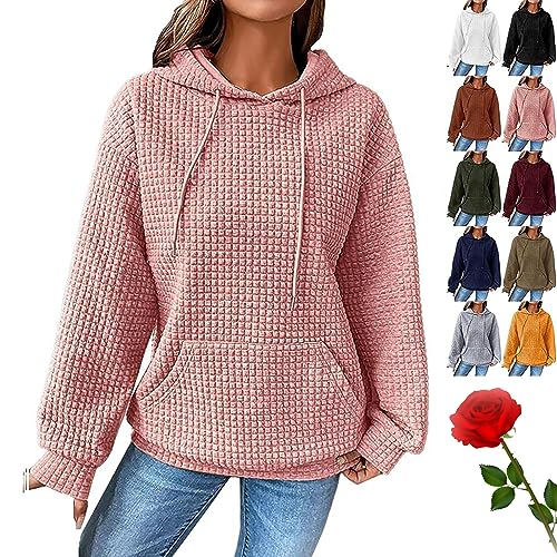 Waffle Hoodie Women Solid Color Drawstring Pullover Sweatshirt Basic with Pocket, Fashion Fall Hoodies for Womens (pink,XL)