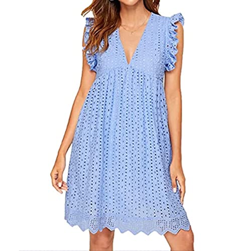 California Romper Dress with Shorts - California Lace Dress Romper - Romper Dress with Pockets and Shorts - Ruffle Sleeve Romper Dress (Color : Blue, Size : XL)