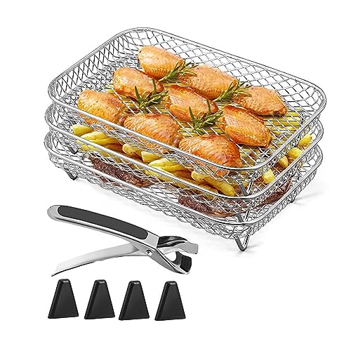 Air Fryer Rack Square Three Stackable Racks Stainless Steel Multi-Layer Dehydrator Rack for Air Fryer Accessories Stackable Grilling Rack Grid Grill Rack Stainless Steel Kitchen Gadgets