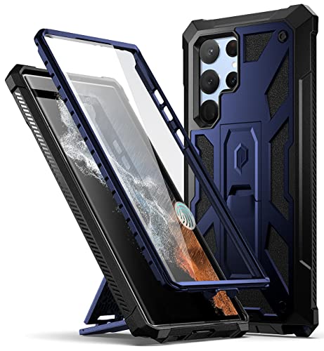 Poetic Spartan Hülle für Samsung Galaxy S22 Ultra 5G 6,8 Zoll, integrierter Displayschutz funktioniert mit Fingerabdruck-ID, Ganzkörper-robuste, stoßfeste Schutzhülle mit Ständer, Nachtblau
