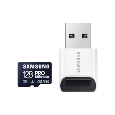 Samsung PRO Ultimate microSD Speicherkarte (MB-MY128SB/WW), 128 GB, UHS-I U3, Full HD & 4K UHD, 200 MB/s Lesen, 130 MB/s Schreiben, für Smartphone, Drohne oder Action-Cam, inkl. USB-Kartenleser