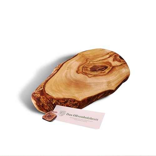 das Olivenholzbrett, Schneidebrett Olivenholz, Brotzeitbrett aus Holz mit naturbelassenem Rand, 35 cm