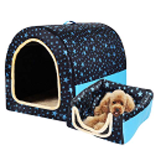 HONGBI Tragbar Faltbare Hundebett Katzenbett Hundehöhle Hundehütte, 2 in 1 Haustier Haus und Sofa für Katze, Kätzchen, Hündchen nd Kaninchen mit Abnehmbar Matte Schwarz mit blauem Stern S