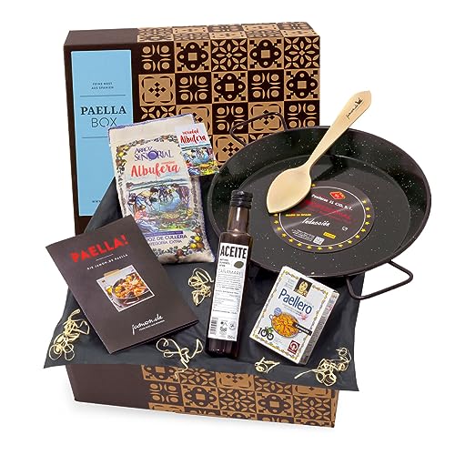 Paella-Box Nr. 1 mit Paella-Pfanne, Reis, Gewürzmischung mit Safran, Löffel & Rezept (5-teilig) - geschenkfertig in Geschenk-Box geliefert