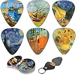 Vincent Van Gogh Gitarren Picks Premium Geschenkset - Celluloid Medium 12 Stück Packung W/Leder Schlüsselanhänger Picks Holder & Designed Tin Box - Bestes Geschenk für Gitarrist