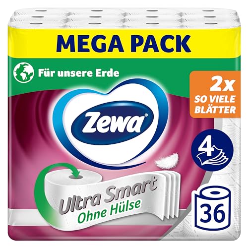 Zewa Ultra Smart Toilettenpapier Großpackung, 36 Rollen á 280 Blatt, Riesenrolle, 4-lagig