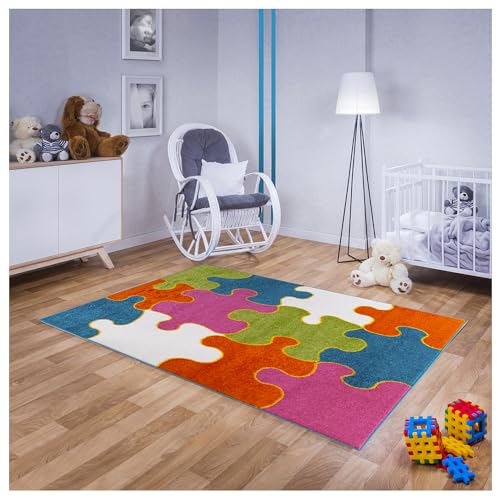 Teppich für Kinderzimmer in Blau, Grün, RosaKinderteppich 140 cm x 190 cmBunt mit Puzzle Motiv, Babyteppich für Mädchen und Jungen