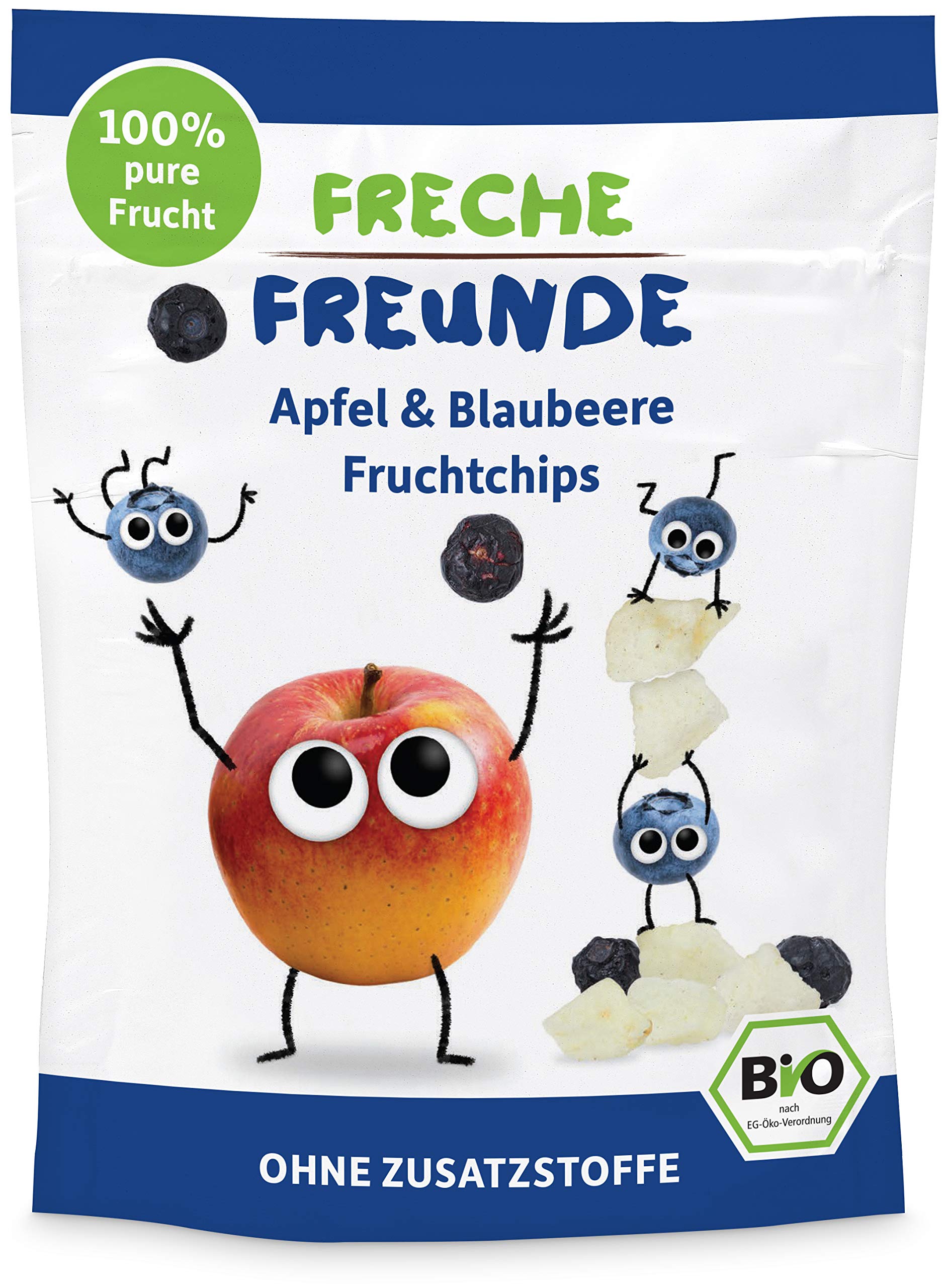 Freche Freunde Bio Fruchtchips "100% Apfel & Blaubeere", gefriergetrocknete Obst Chips, ohne Zuckerzusatz, vegan, laktosefrei und glutenfrei, 12er Pack, 12 x 16g