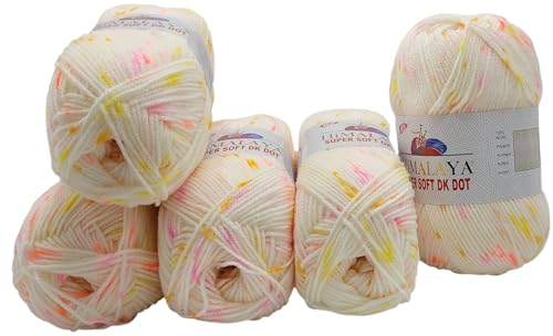 5 x 100 Gramm Himalaya Süper Soft DK Dot Babywolle gepunktet, Strickgarn 100% Acryl mehrfarbig für Farbverlauf (weiss rosa gelb ua 76004)